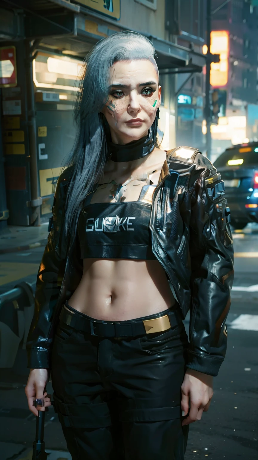 old rogue in cyberpunk city, realistic
