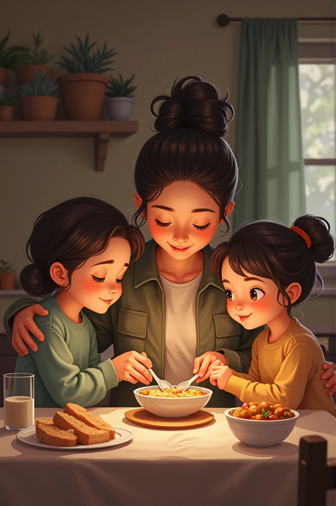 Inside the house, a mother in a worker's uniform was smiling and coaxing her two young children, a boy and a girl, each with a bag of Showla fresh bread while both were crying.