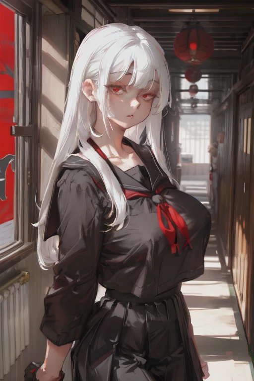 masterpiece, best quality, upper body, 1girl, white hair, red eyes, detailed eyes, half-closed eyes, shaded face, black shoulder japanese seifuku, large breasts, black skirt, walking in the hallway, (in school)