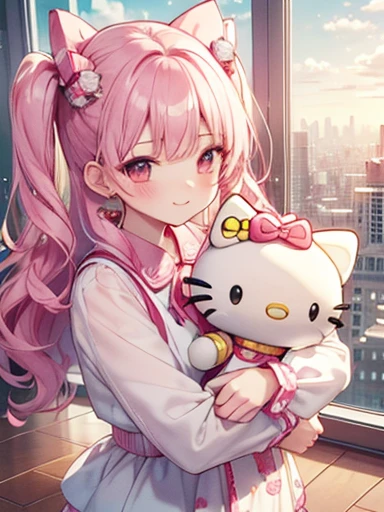 Best Quality, 4K Wallpaper Masterpiece, Very detailed CG ユニティ 8k 壁紙, Very fine grain, Very detailed, Intricate details, 
One girl, (h1c4tt3ch Postcard), hugging Hello Kitty doll, Neon City Happy, smile, Hello Kitty, Adorable, cute, Dynamic pose