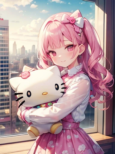 Best Quality, 4K Wallpaper Masterpiece, Very detailed CG ユニティ 8k 壁紙, Very fine grain, Very detailed, Intricate details, 
One girl, (h1c4tt3ch Postcard), hugging Hello Kitty doll, Neon City Happy, smile, Hello Kitty, Adorable, cute, Dynamic pose