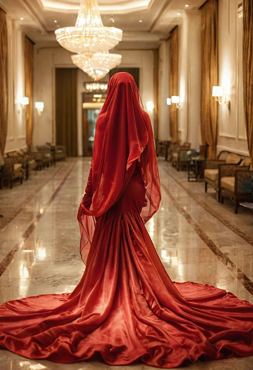 woman shrouded in a 10-meter-long, plush red semi transparent satin shimmer cloth, tightly bound and grandly draping along the form of her body, flowing off into a pooled floor-length train, styled in a mermaid-inspired outfit, her head modestly veiled in a satin hijab,walk in hotel loby, a full-body pose conveying a sense of mysterious elegance, captured in a 4k resolution, ultra-realistic, (best quality,4k,8k,highres,masterpiece:1.2),ultra-detailed,(realistic,photorealistic,photo-realistic:1.37),HDR,UHD,studio lighting,ultra-fine painting,sharp focus,physically-based rendering,extreme detail description,professional,vivid colors,bokeh,portraits,fantasy,cinematic lighting
