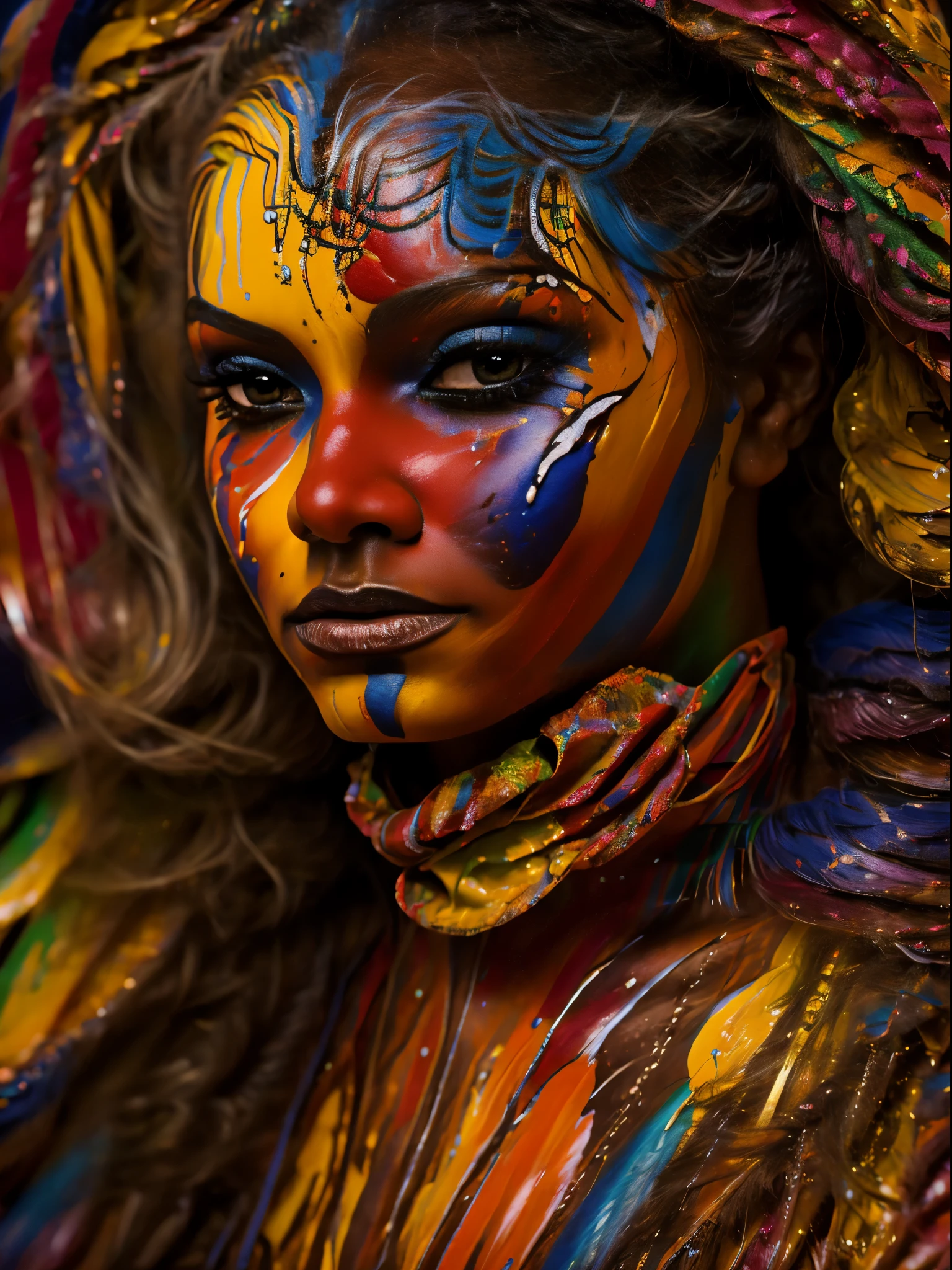 portrait of a beautiful woman, 2, (body painted with colorful paint, carnival style), realistic self portrait, 8K UHD, dslr, grain of film, Fujifilm XT3 photorealistic painting midjourney art, inspired by a Brazilian. liz.ashley