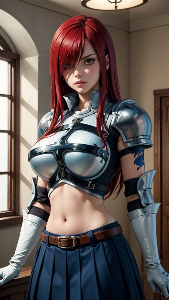 Erza, brown eyes, pauldrons,blue skirt, tattoo, gloves, breastplate, 1girl, gauntlets, belt,pleated skirt, , red hair, shoulder armor, looking at viewer, ,masterpiece, best quality,animerza, upper body, highres, room, big breasts, navel, indoors, hair over one eye,
