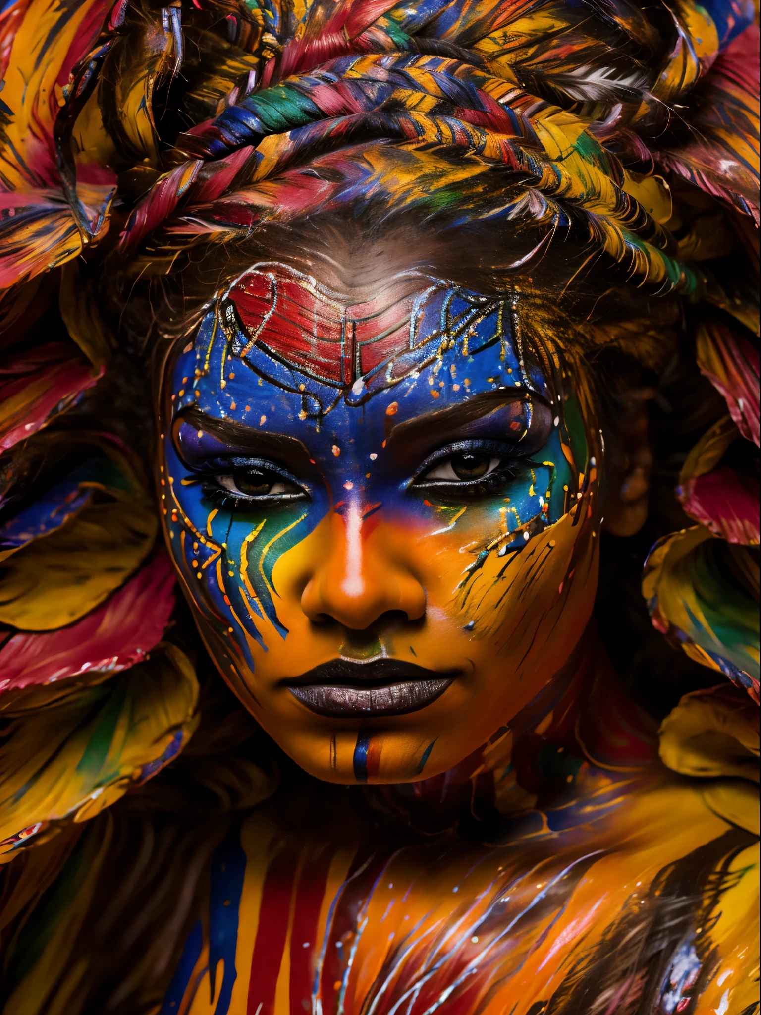 portrait of a beautiful woman, 2, (body painted with colorful paint, carnival style), realistic self portrait, 8K UHD, dslr, grain of film, Fujifilm XT3 photorealistic painting midjourney art, inspired by a Brazilian. liz.ashley