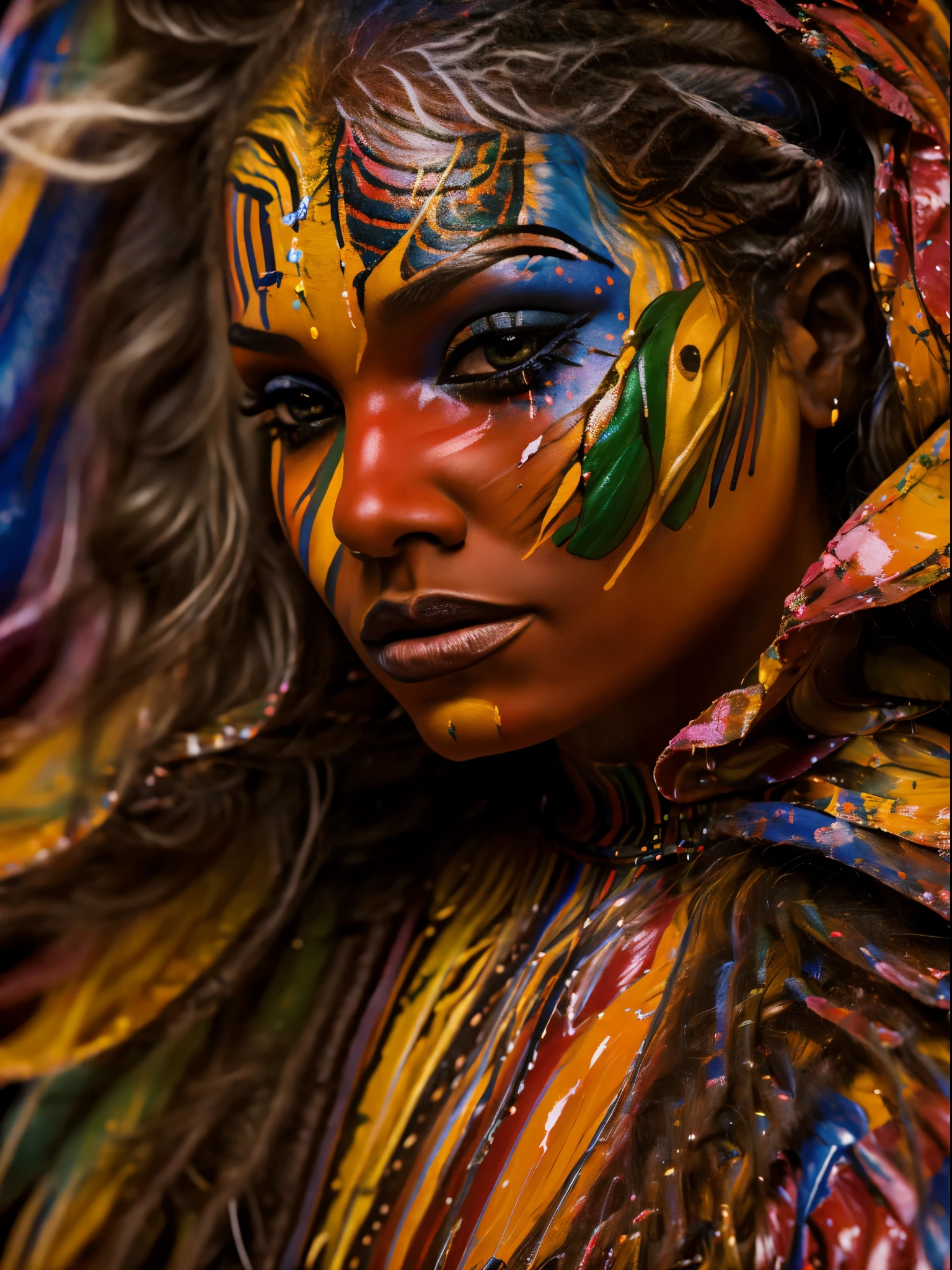 portrait of a beautiful woman, 2, (body painted with colorful paint, carnival style), realistic self portrait, 8K UHD, dslr, grain of film, Fujifilm XT3 photorealistic painting midjourney art, inspired by a Brazilian. liz.ashley