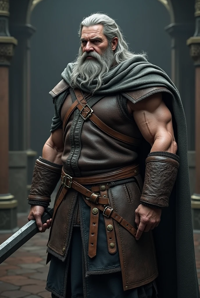 character design sheet (that wizard, A brave and majestic warrior with a face covered with scars and beards, deep, strong eyes, And the exquisite and sturdy armor that shines with metallic texture. Gloves and boots are made of high quality leather, Holding a silver sword in hand, Every inch is carved with intricate patterns, strong and powerful body, Revealing endless power, The delicate hair and skin pores are drawn in detail, true, The hue is mainly dark blue, Green and gray, which sets off a deep atmosphere, The use of shadows and highlights makes the picture more three-dimensional and fuller, 4K resolution production, clear details, trueistic texture)