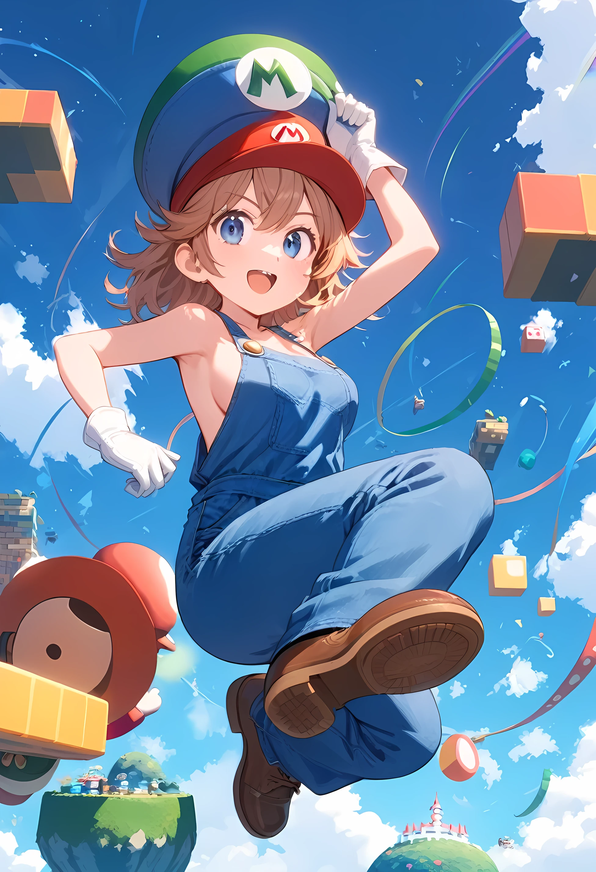 A girl, thin, medium breasts, messy hair, wearing a denim jumpsuit like Mario's, no shirt, white gloves, brown shoes, Mario's hat, jumping,Blue eyes, melhor qualidade,rosto detalhado 