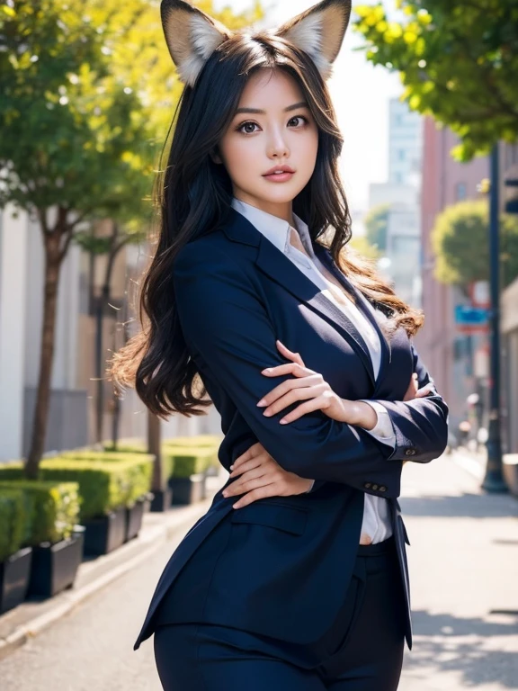 (8k, Highest quality, masterpiece:1.2), (Realistic, Realistic:1.37), Very detailed, 1 girl, whole body, Outdoor, (Long Hair:1.5) office lady, black office blazer, Cleavage, Ultra mini skirt, (pantyhose: 1.2), Alpha Layer, High heels, Beautiful earrings, cute, alone, Beautifully detailed skies, (smile: 1.15), (Mouth closed), Huge breasts, Fine and beautiful eyes, suit, (Long Hair: 1.2)