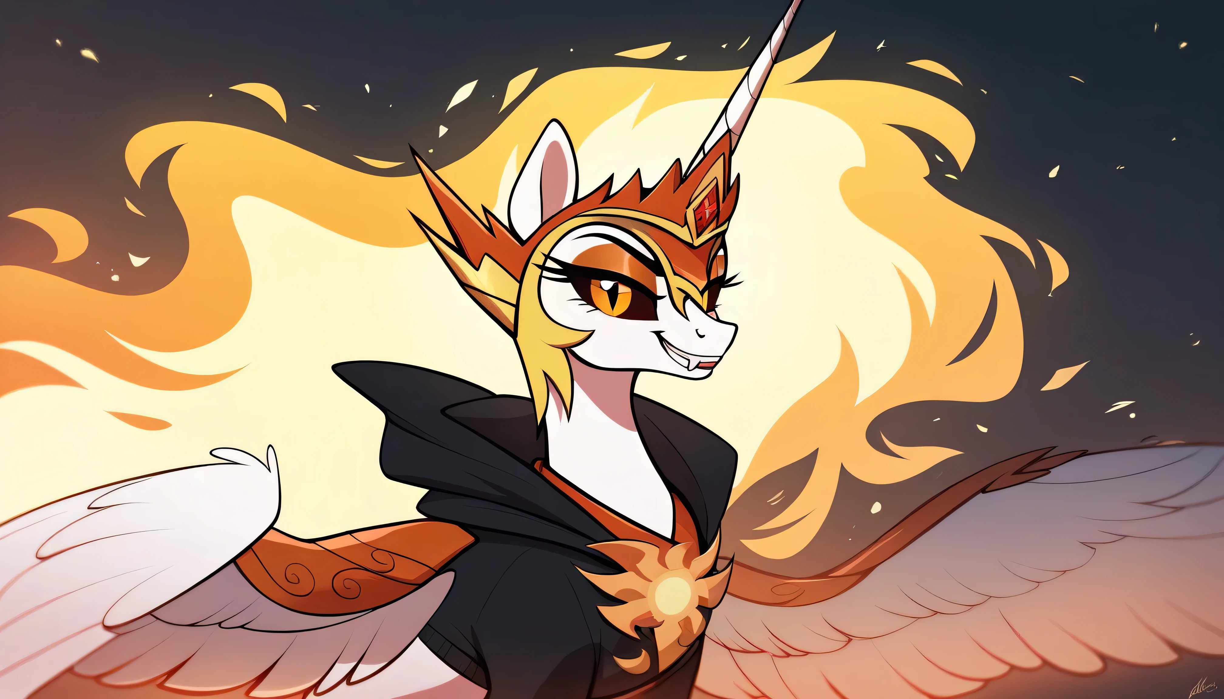 Score_9, Score_8_up, Score_7_up, Score_6_up, A serious alicorn, DayBreaker from My Little Pony, appears wearing a dark hoodie and sunglasses with polarized lenses that shine in the sunlight. Her mane flows in a wavy pattern of crystalline colors, with golden and yellow tones mixing. She is looking at something out of frame with a disgusted smile. The setting is an urban environment with multi-story apocalyptic buildings. In its extended magical aura is a smartphone with a snowflake logo on the back. in complete