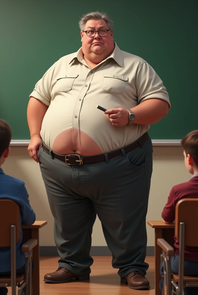 masterpiece,top-quality, Classroom, fat uncle is standing naked, geezer, Short legs, bowleg, shirtless, bare legs, wearing a only white fitted briefs, sobbing, Fat Man, glasses, Black-haired man, Man with big face, Sweating, full body,
