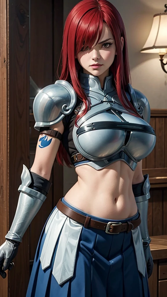 Realistic 1.5, Erza, brown eyes, pauldrons,blue skirt, tattoo, gloves, breastplate, 1girl, gauntlets, belt,pleated skirt, , red hair, shoulder armor, looking at viewer, ,masterpiece, best quality,animerza, upper body, highres, room, big breasts, navel, indoors, hair over one eye,
