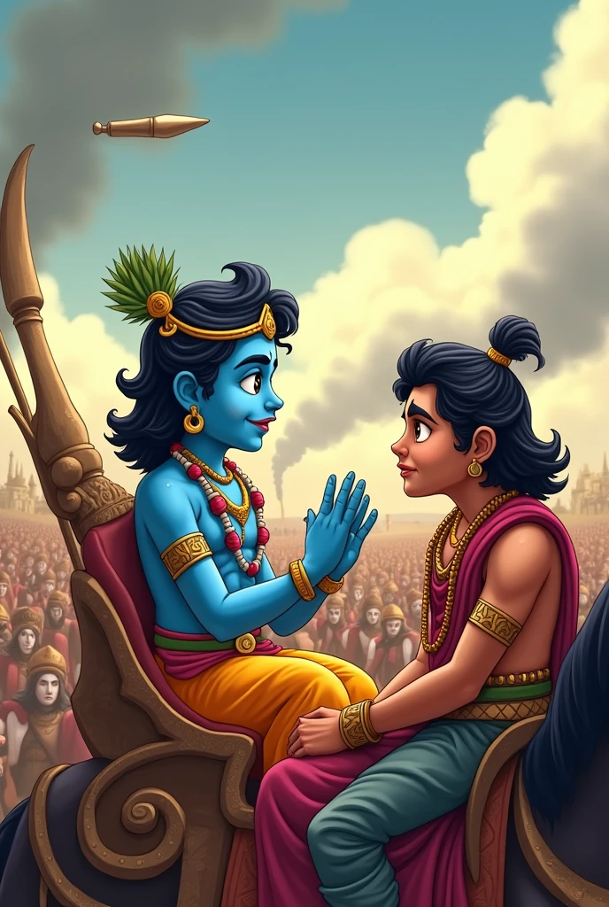 In cenamatic 3d cartoon style" Krishna revealing the Bhagavad Gita to Arjuna, with a glowing aura around Krishna and an open scroll or sacred text in hand, highlighting the moment of divine instruction.

