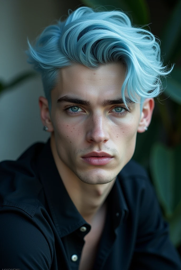 (masterpiece, best quality, ultra-detailed), full shot, 30 yo man, ( greenish blue short hair), , v shape waist, lean, vivacious penetrating deep blue eyes, beautiful ears, like Damiano Carrara , water wings , visible eyes, brawny body, huge arms, smooth body hair, very muscular, totally naked, 4k hyperrealistic, splashes BG,