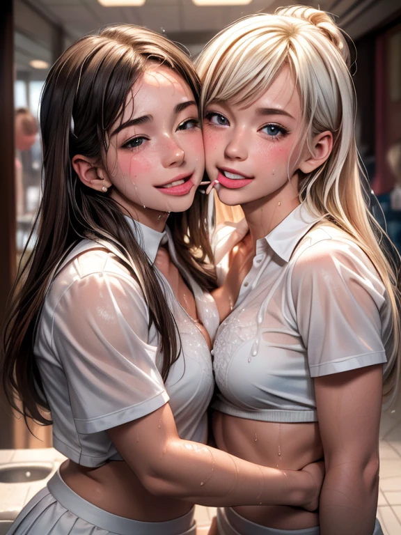 two teenage girls, White milk Facial Cumshot, White milk splashed on face, White milk facial, lesbians embrace, licking, Licking each other, licking tongue, seductive lips, wet lips, Showing tongue, Soft tongue, Soaking wet hair, bukkake, meltingly beautiful, Sexy look, Super detailed, Wear high school uniform, 8k wallpaper,