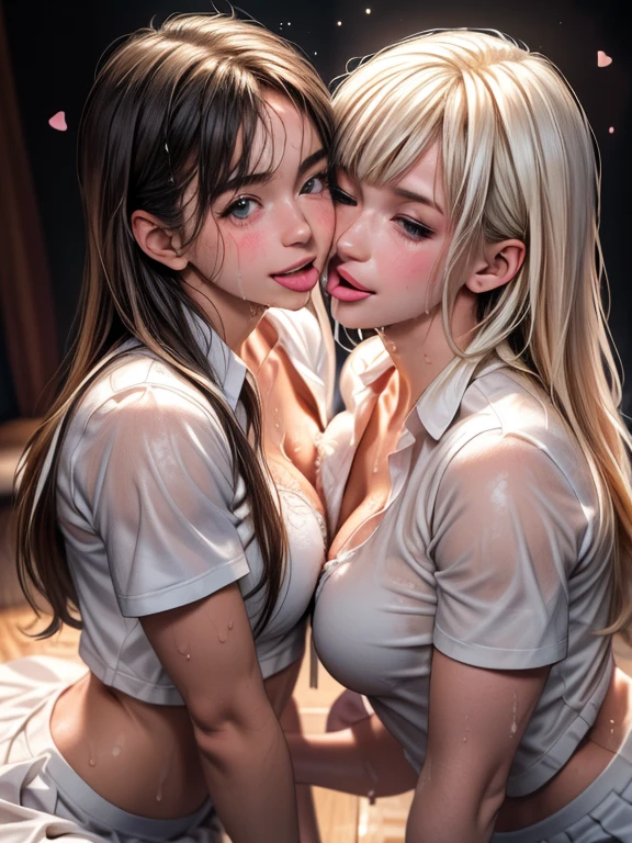 two teenage girls, White milk Facial Cumshot, White milk splashed on face, White milk facial, lesbians embrace, licking, Licking each other, licking tongue, seductive lips, wet lips, Showing tongue, Soft tongue, Soaking wet hair, bukkake, meltingly beautiful, Sexy look, Super detailed, Wear high school uniform, 8k wallpaper,