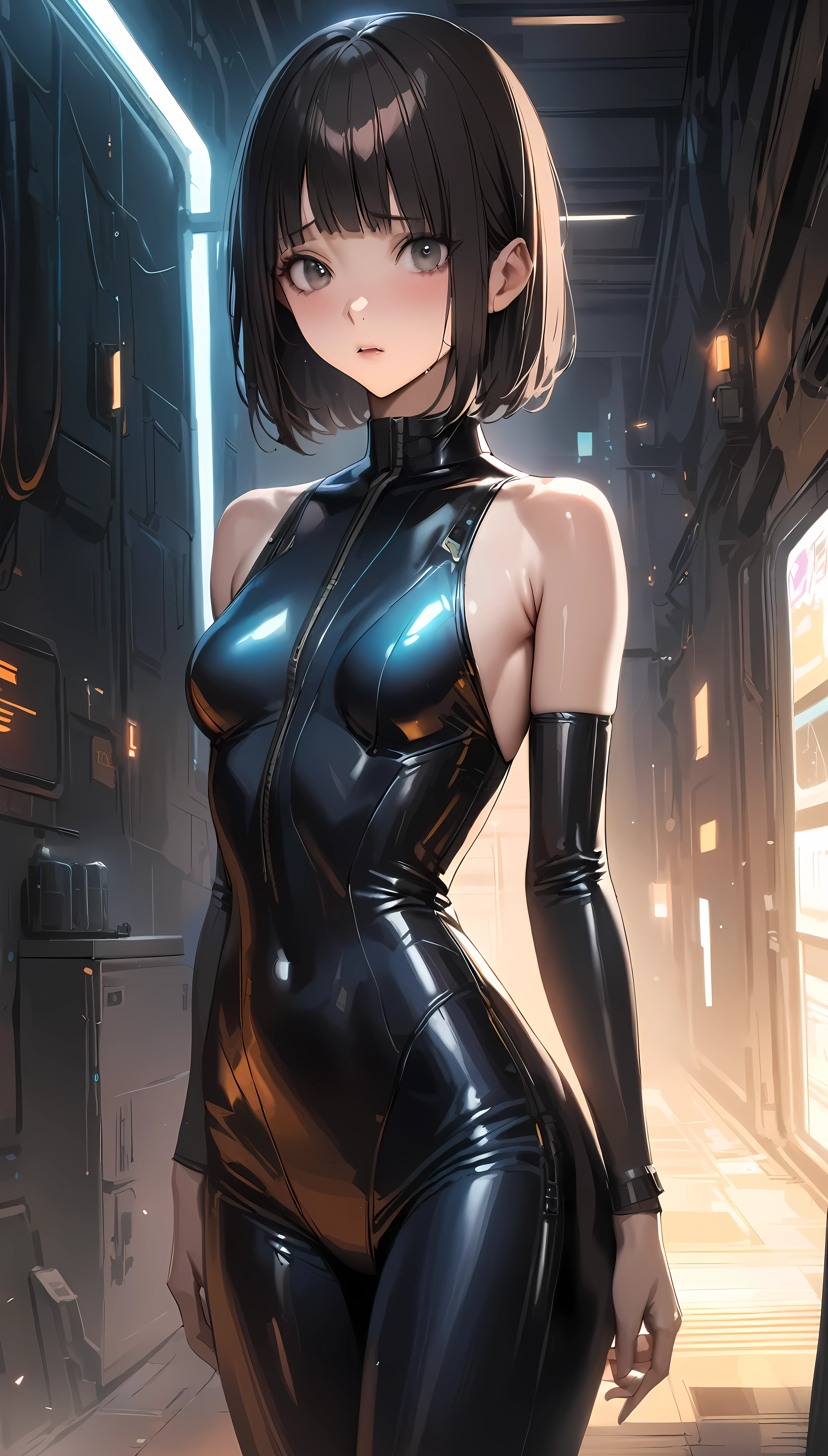 1 girl,upper body,black hair,stand,straight-on,red and blackeyes,masterpiece, best quality, very aesthetic, absurdres,breast,Covered nipples,clothes,clothes,tight,clothes,Transparent,
