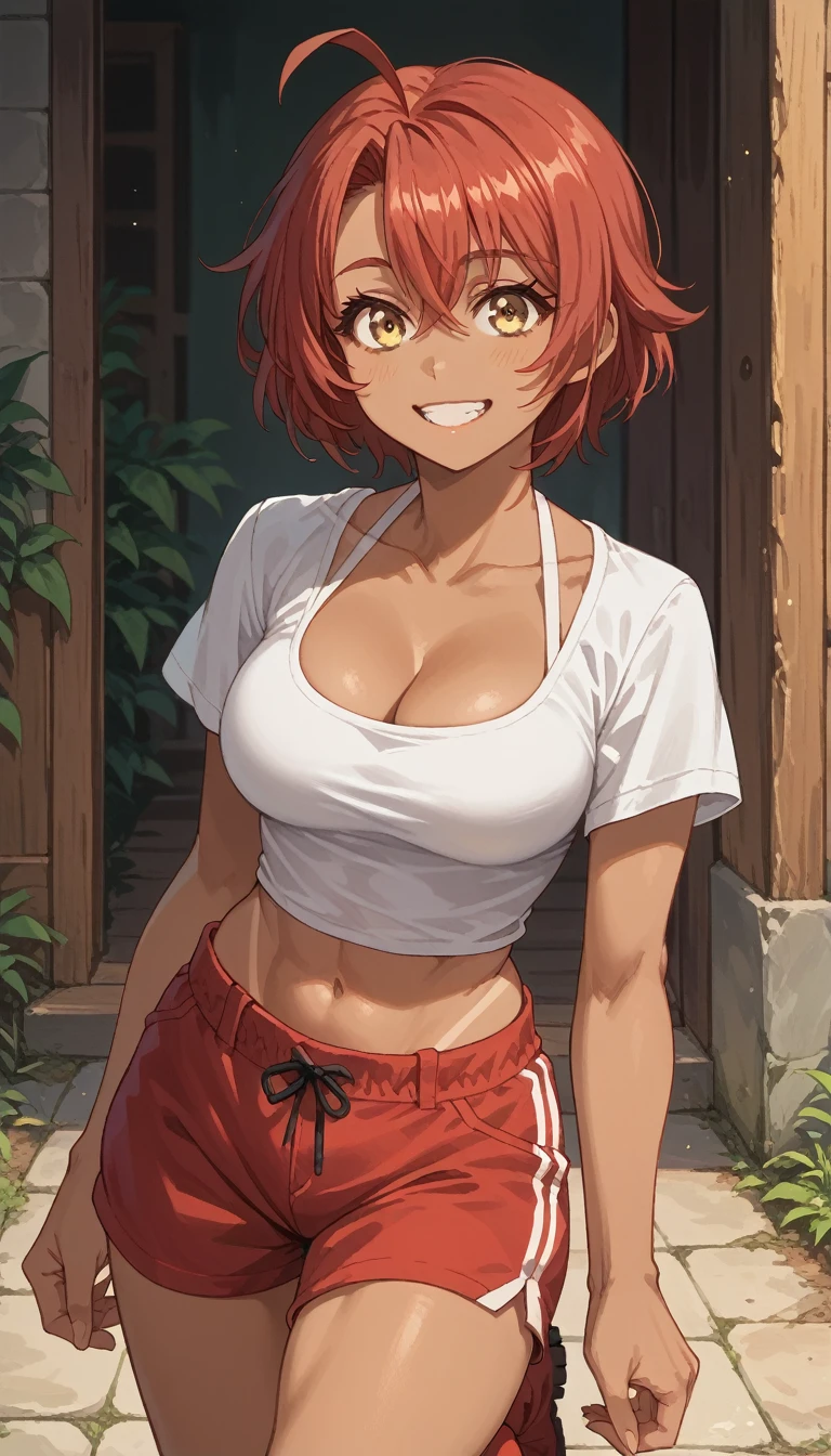 (woman, short medium red hair, ahoge, yellow eyes, smiling, tanned skin,) white shirt, cleavage, big breast, athletic body, exposed midriff, red shorts, boots, gaunlets