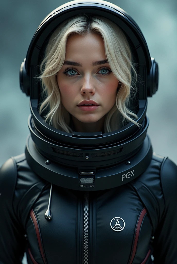 Woman with ,golden white hair,Blue eyes,,,black spacesuit