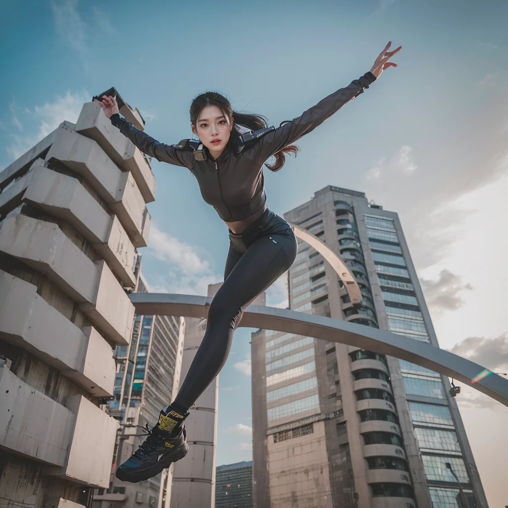 In an advance civilization megalopolis, a beautiful young Asian female, in her silver body-tight outfit, jumping from the top of the skyscraper, in the sunset