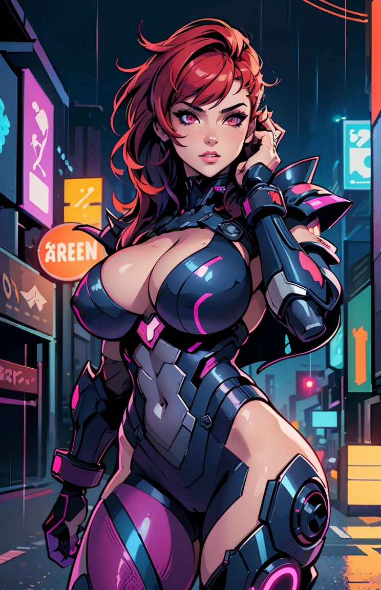 (best quality,4k,8k,highres,masterpiece:1.2), ultra-detailed, (realistic,photorealistic,photo-realistic:1.37), portraits, devil red eyes, gorgeous woman, cyberpunk background, futuristic, neon lights, smoky atmosphere, reflective surfaces, glowing tattoos, metallic elements, extravagant hairstyle, provocative fashion, seductive gaze, vibrant colors, dynamic pose, cityscape, urban chaos, technologically advanced, augmented reality, holographic projections, dystopian ambiance, skyscrapers, flying vehicles, rain-soaked streets, dark alleyways, bustling crowds, energetic and vibrant, mysterious aura, mecha armor, chest armor, gigantic tits, beautiful , neon red hair, half body view, arms up, close-up, deep cleavage, robotic bat wings