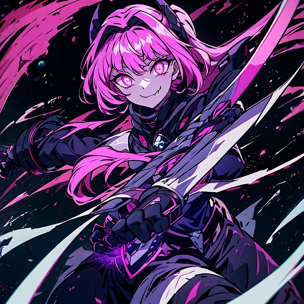 black skin, anime woman, happy, glowing pink eyes, glowing pink tattoos, medium length glowing dark pink hair, wearing a black dress

