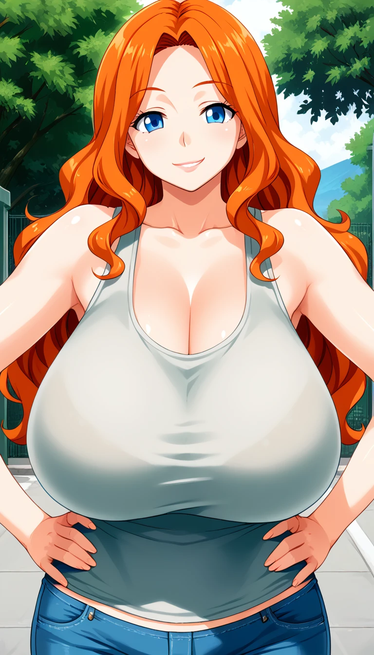 1girl, solo, mature female, milf, wavy hair, long hair, parted bangs, orange hair, score_9, blue eyes, hyper breasts, tank top, jeans, outdoors, upper body, looking at viewer, smile, hands on hips