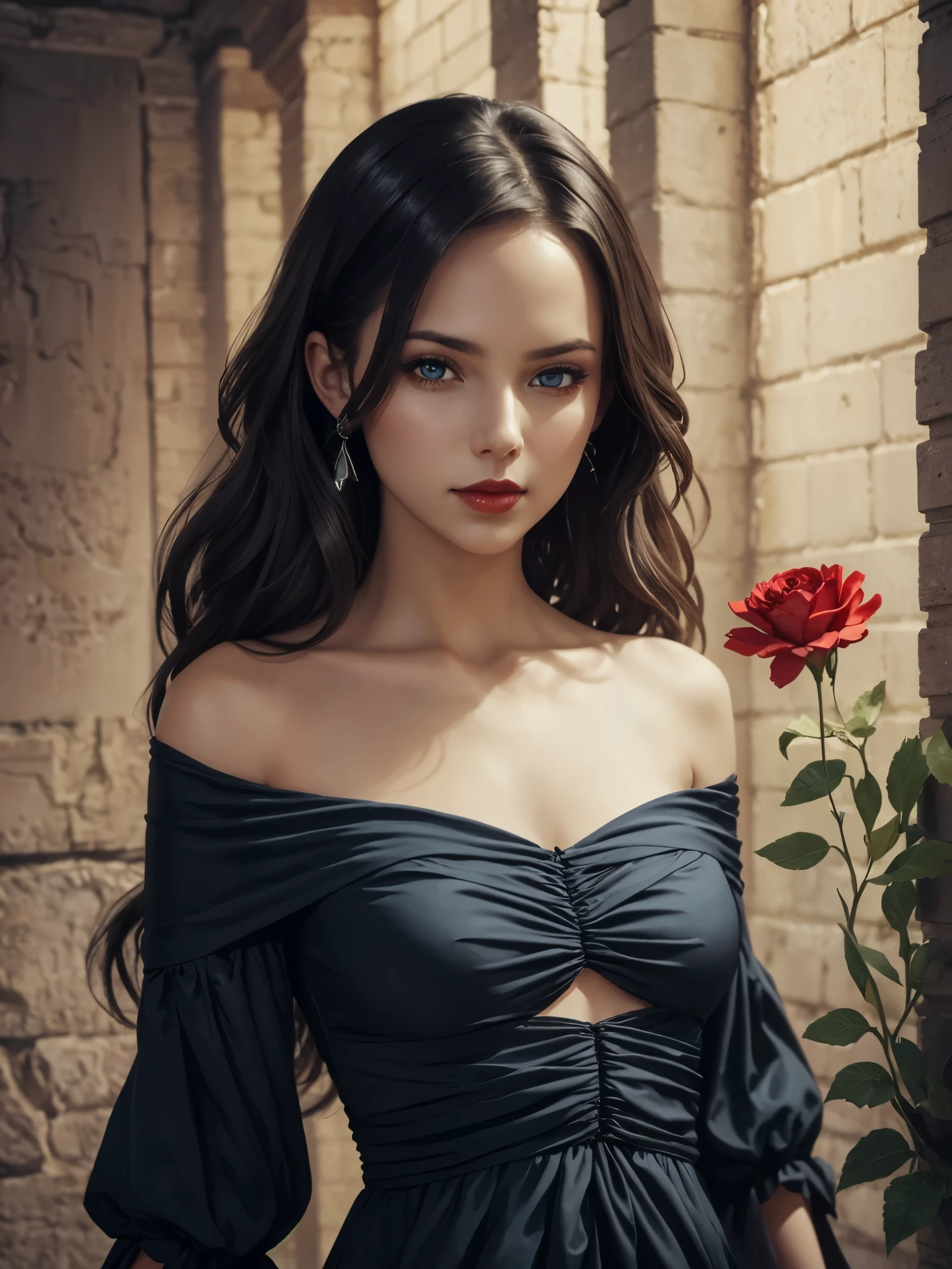 oil painting, impressionism, abstract, surrealism, girl, holding flower on her chest, ruched off-shoulder tunic dress, (cute:1.6), (breasts:1.2), long wavy hair, looking at viewer, red lipstick, satan, succubus, blue pupils, gothic, dark fantasy, dramatic, vibrant, feminine, elegant,