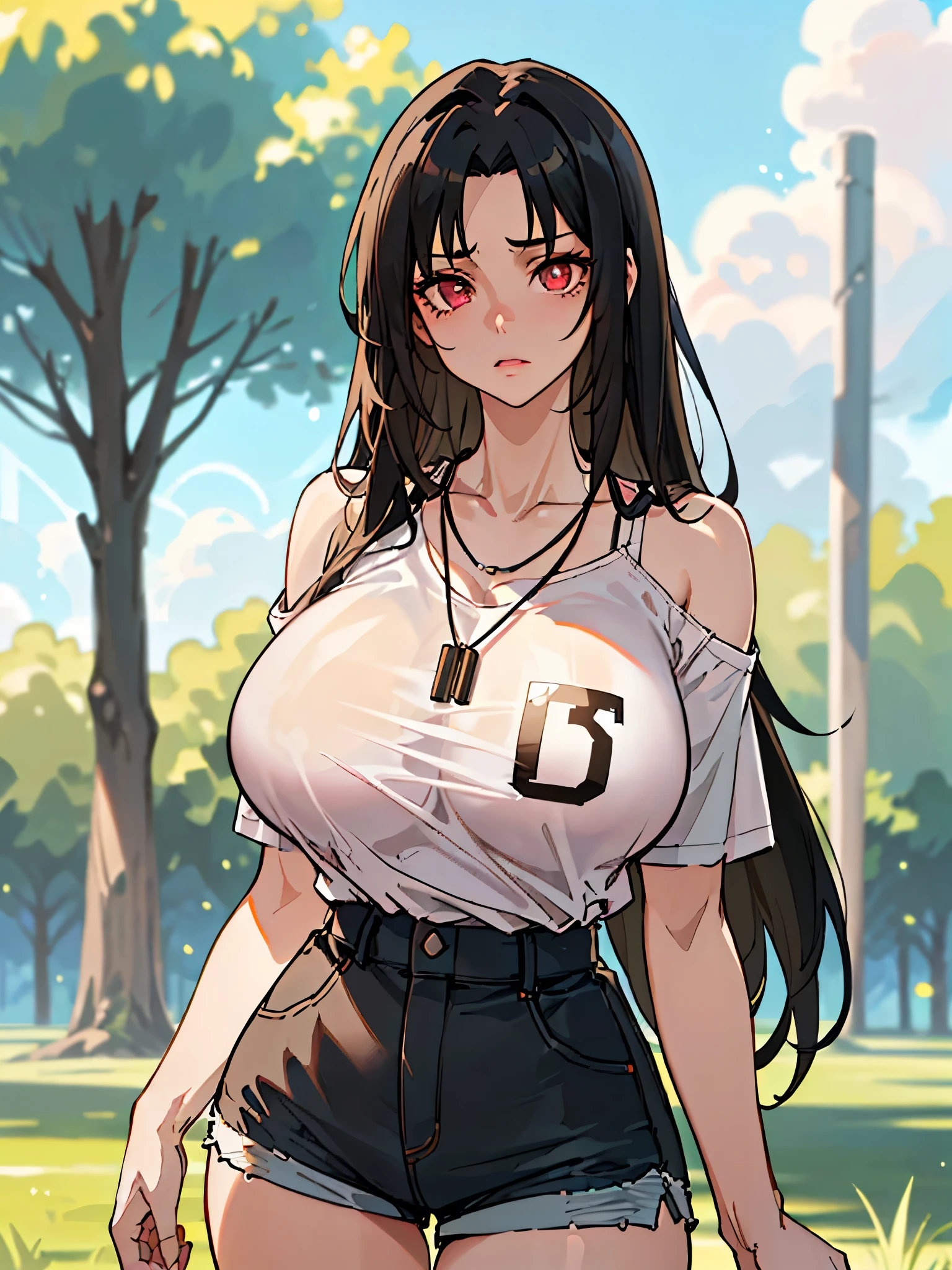 ((SFW)), ((head-to-waist portrait)), ((solo)). ((1girl, youthful adult woman)), ((brown eyes, light brown eyes, red eyes, pink eyes, silver eyes beautiful eyes, expressive eyes, intense expression, regal expression)), ((dark black hair, black hair, pure black hair, long hair, uneven hairstyle, asymmetrical hairstyle)), ((slim, slender, thin, huge breasts:1.5, large breasts, big breasts, round breasts:1, heavy breasts:1, round shoulders, delicate shoulders, soft shoulders, long legs:1)), ((modern clothes, modern outfit, loose t-shirt, wide neck, bra straps, string necklace, long t-shirt, tented t-shirt, short shorts)). ((Anime)), ((high quality, masterpiece, 32k, detailed face, detailed eyes, detailed hair, detailed outfit)), ((dishwasher1910)), (realistic proportions), (good anatomy), cinematics, outside, outdoors, park, trees, grass, clouds, sky, cinematic lighting, perfect lighting, depth of field