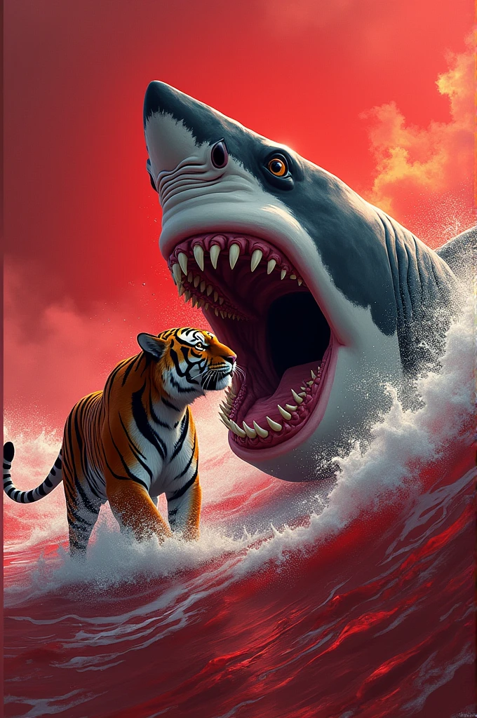 Big Tiger have long teeth red eyes inside the water and big meg with teeth were fighting each other blood was also there