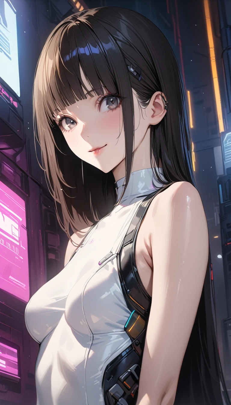 (high quality, 8k, 4K, High Contrast, masterpiece:1.2, 最high quality, Best aesthetics), (Dynamic Angle), girl、slim, Bright colors、Beautiful fine details、Beautiful lip detail、long hair、black and purple ((streaked hair:1.6)), highlights hair: 1.5, brown eyes, slim body, (small breast:0.7), (Floral Fineline tattoo design on left arm:1), (tan skin:0.3), Cheongsam, (cyber punk, Flat Color:1, Colorful art, Looking at the audience, Colored Background, High Contrast, Contrasting colors), Cowboy Shot,