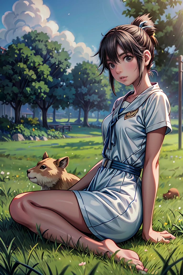 anime girl sitting on a grassland listening to music away shoot, with a capybara behind, looking relaxing anime art wallpaper 8k, anime art anime art wallpaper 8K, , ( ( makoto shinkai ) ), makoto shinkai!