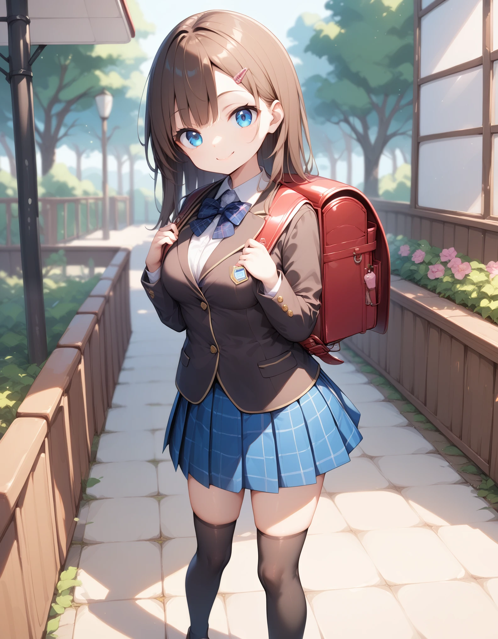 Masterpiece, hd, best quality, 1girl, brown hair, blue eyes, smile, long hair, hair clip, medium breasts, wear school uniform, white collared shirt, long Sleeves, brown blazer, blue bowtie, blue plaid skirt, black thighhighs, Brown shoes, wearing school backpack, red backpack, square backpack, standing, fullbody, outdoor