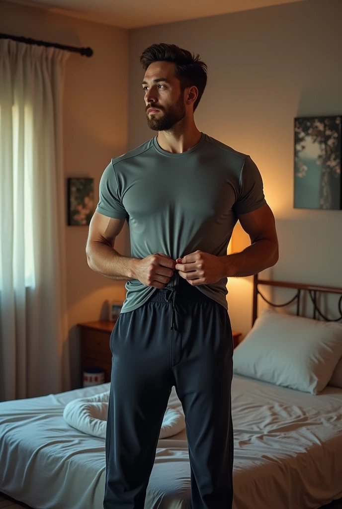 masterpiece, best quality, 1 man, solo, big muscles, grey joggers, topless