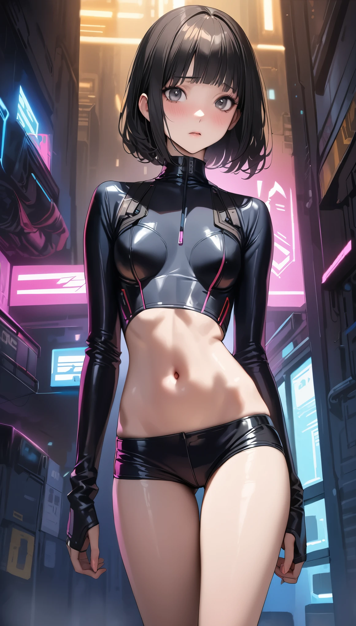 solo girl,Glossy metalic light silver tank top, tight latex shiny, Red interpolation color,Black hair bob,red eyes, camel toe, Samurai Sword,
Lift one leg, sexy lady, กางเกงใน girl,