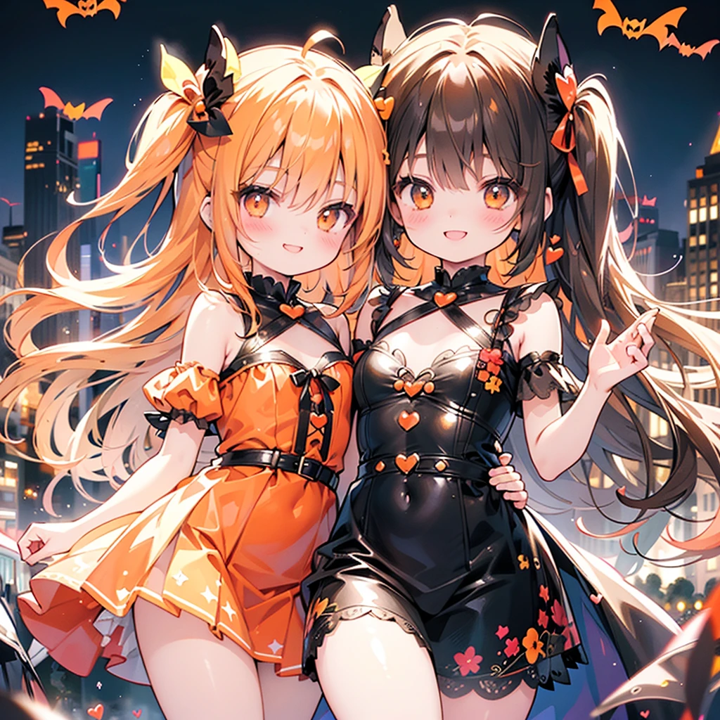 One girl、Perfect Anatomy、(((Super fine、Best Quality、masterpiece)))、Original cute hairstyle、Trick or Treat、Orange and original cute costume、Halloween、Orange and black palette、Happy smile、Heart-shaped picture frame、