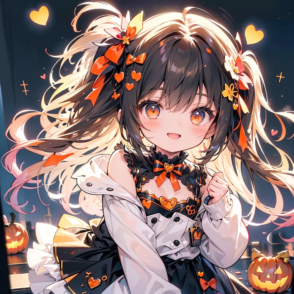 One girl、Perfect Anatomy、(((Super fine、Best Quality、masterpiece)))、Original cute hairstyle、Trick or Treat、Orange and original cute costume、Halloween、Orange and black palette、Happy smile、Heart-shaped picture frame、