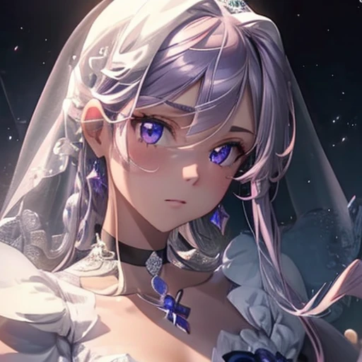 bright, Perfect Face, 1 Girl, , Small breasts, Pretty Cure, White skin, Purple Hair, Distinctive long hair, Dark Purple Rose, White Veil, Dark purple eyes, Dark purple choker, White Wedding Dress, Green heart ornament, Original Design, Cure Moonlight, silver, moon, beautiful, Princess, Royal, cute, Cool look, kind, Soft, pastel, Looking at the camera, Front facing, Front Light, night