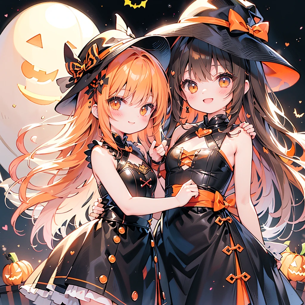 One girl、Perfect Anatomy、(((Super fine、Best Quality、masterpiece)))、Original cute hairstyle、Trick or Treat、Orange and original cute costume、Halloween、Orange and black palette、Happy smile、Heart-shaped picture frame、Big Pumpkin Hat、