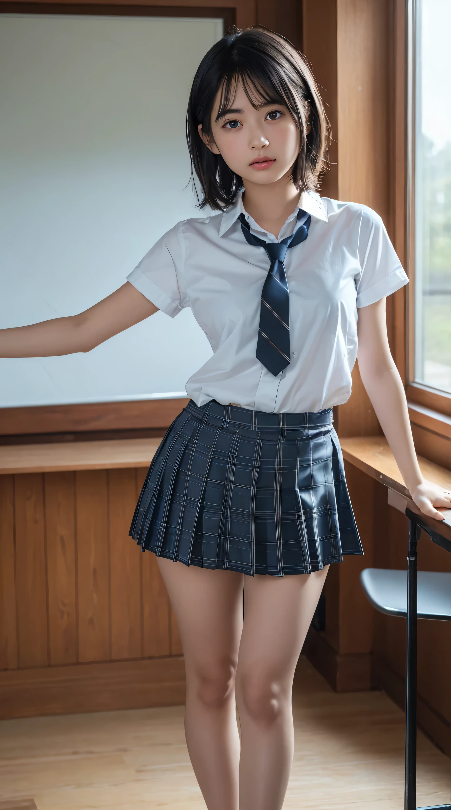 One Girl,(Very cute high school girl:1.3),masterpiece,Best Quality,High resolution,(((Photorealistic))),RAW Photos,Ray Tracing,Physically Based Rendering,beautiful girl,(:1.4),cute,(detailed pupils:1.2),(The face is facing straight ahead:1.3),The body is facing forward,(Big eyes:1.4),Beautiful nose,Upturned nose,Fuller lips,Short black hair,ponytail,(Short Hair:1.3),Detailed eyelashes,Thin eyebrows,Very fine grain definition,(silver ratio:1.3),(Full Body Photo:1.2),Small breasts,Slim figure,Short neck,Round shoulders,(Spread your arms out to the sides:1.4),(Move your hand off the screen:1.4),School uniform,White shirt,tie,Regimental Ties,Pleated skirt,Checkered Skirt,Thin legs,classroom,Soft diffused light,Cinema Lighting,High resolution,Very detailed