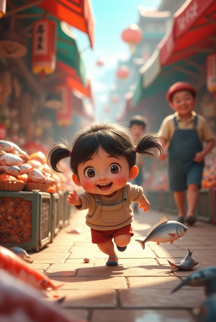 cute-and-pretty-baby-girl-running-on-street-stealing-fish-background