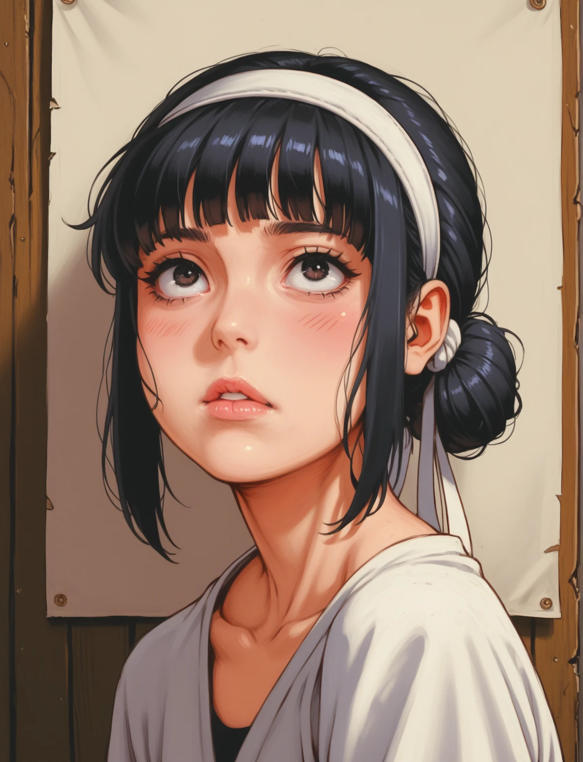 a beautiful young girl with long black hair tied up in a bun, wearing a white hairband with ribbons on both sides, bangs falling on the right side of her face, rolling up her sleeve and imitating the famous "We Can Do It" poster, detailed anime art, 8k, high resolution, photorealistic, HDR, vivid colors, dramatic lighting
