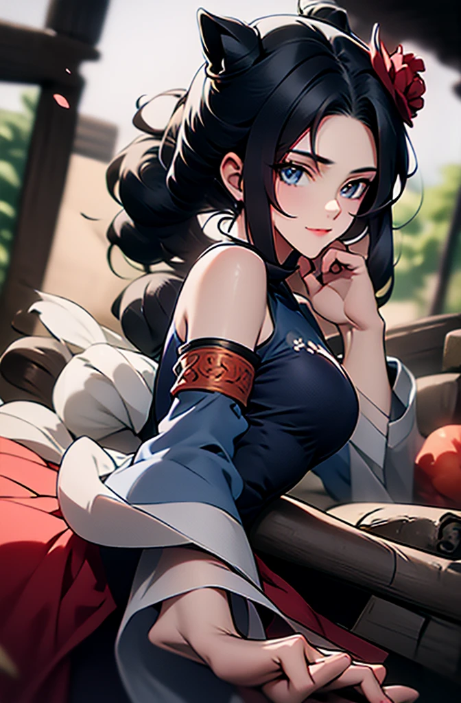 masterpiece, Best Quality, Very detailed, a woman in a blue dress with a red flower in her hair, a digital painting, inspired by Pu Hua, pixiv, tracer in a skintight dress, wearing a blue qipao dress, revealing clothes, | fine detail anime, is wearing a swimsuit, very detailed and rich clothing, wearing a wonderful dress, perfectly shaded body