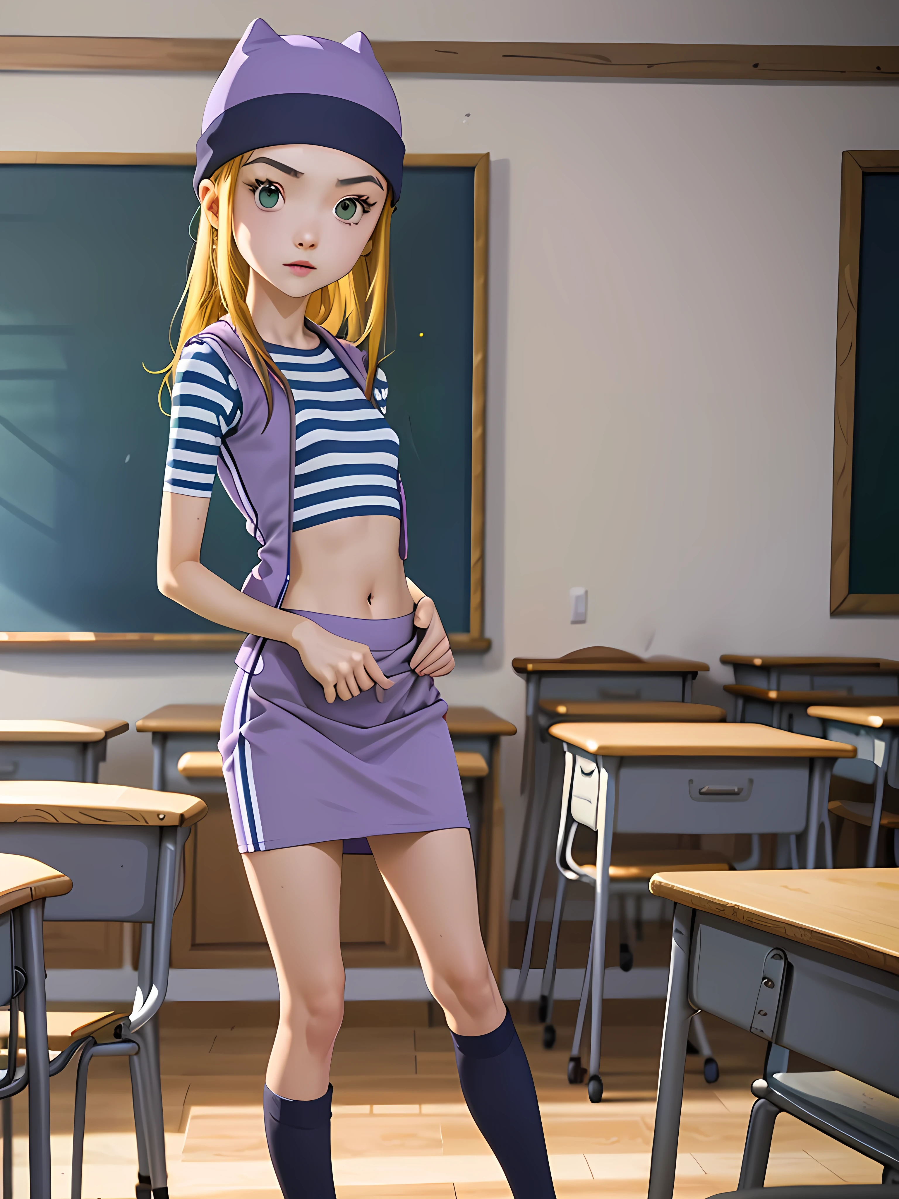 (masterpiece, best quality), 1girl, izumi Orimoto, indoors, classroom, green eyes, blonde hair, long hair, purple beanie, purple vest, purple miniskirt, blue white striped shirt, long purple socks, purple vest, striped shirt, navel shirt, small  size breast. skirt lift