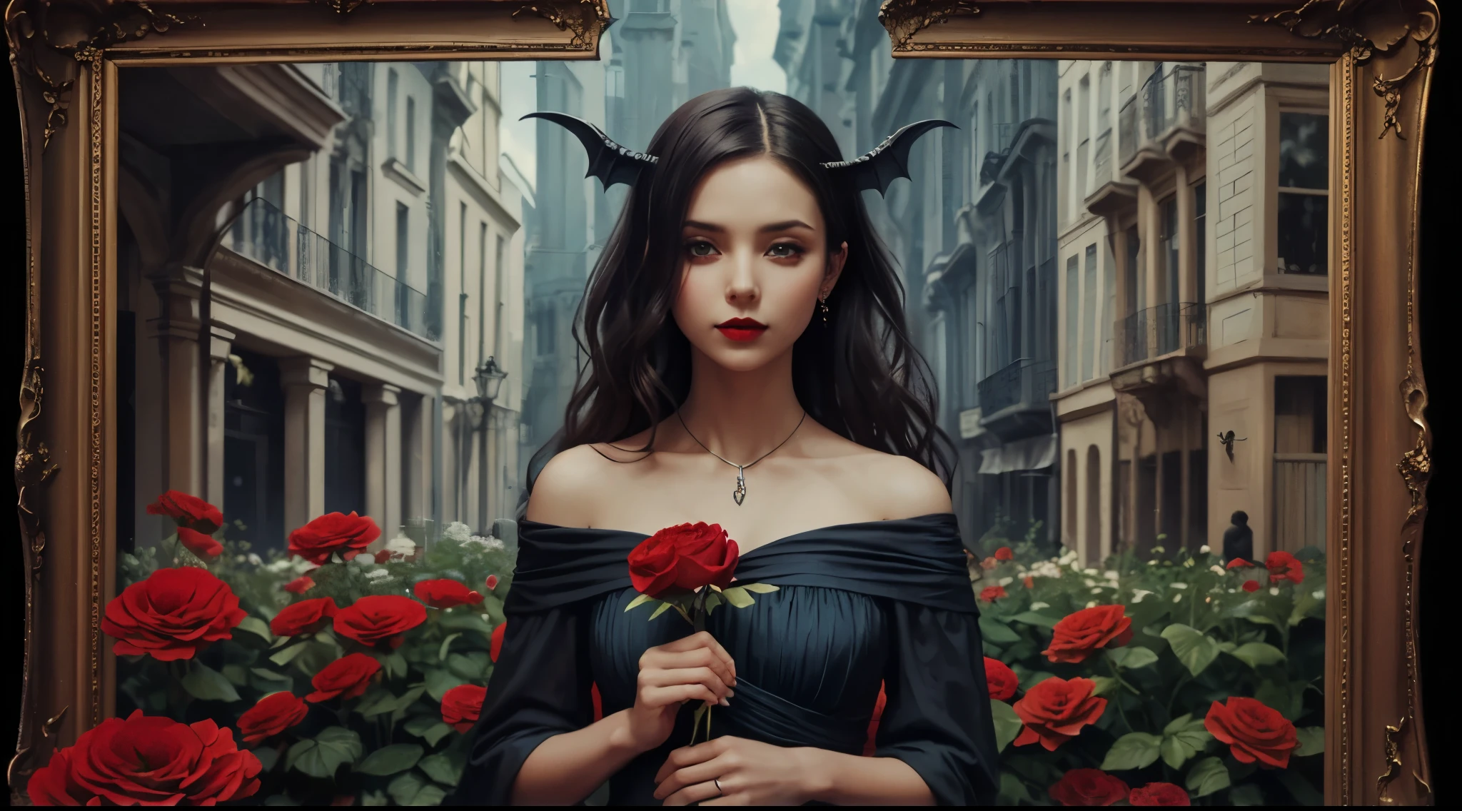 oil painting, impressionism, abstract, surrealism, girl, holding flower on her chest, ruched off-shoulder tunic dress, (cute:1.6), (breasts:1.2), long wavy hair, looking at viewer, red lipstick, satan, succubus, blue pupils, gothic, dark fantasy, dramatic, vibrant, feminine, elegant,