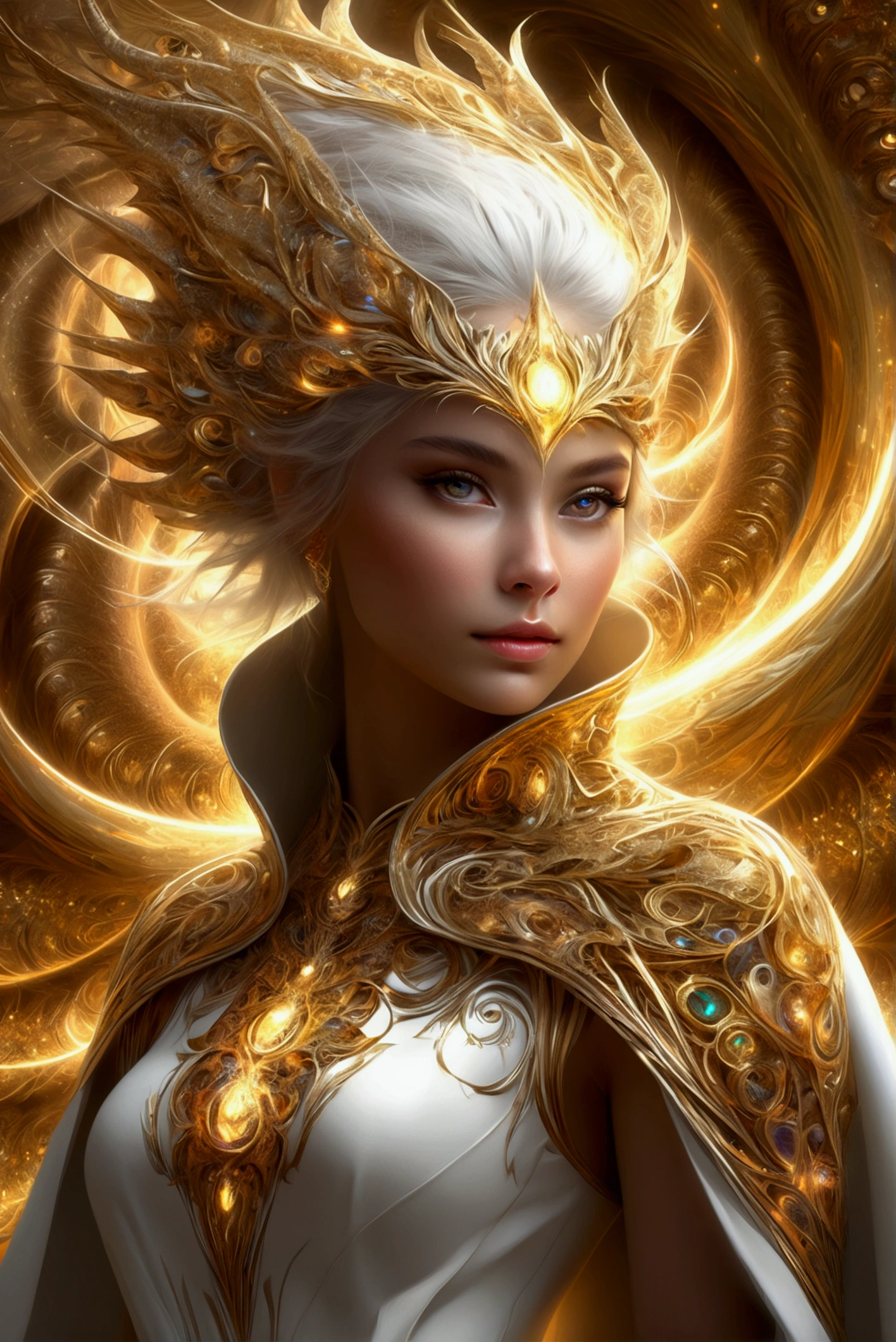 (masterpiece, top quality, best quality, official art, beautiful and aesthetic:1.2), (1girl), extreme detailed eyes, (fractal art:1.3), colorful, highest detailed, (perfect face), shiny skin, HDR, (white cloak golden lines:1.2), galaxy, (light streaks), striking visuals, (dynamic streaks, luminous trails:1.2), vibrant colors, (phoenix), (dragon)