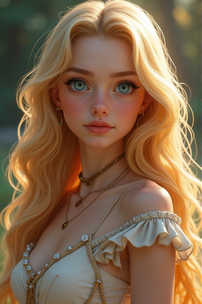 1 girl in, 20 year, standing alone, long hair, Colossal , looking ahead at viewer, hair blonde, hair blonde, bared shoulders, greeneyes, jewerly, whole body, a necklace, off the shoulders, Sweaters, realisitic, A sexy, big boobies, ((누드))