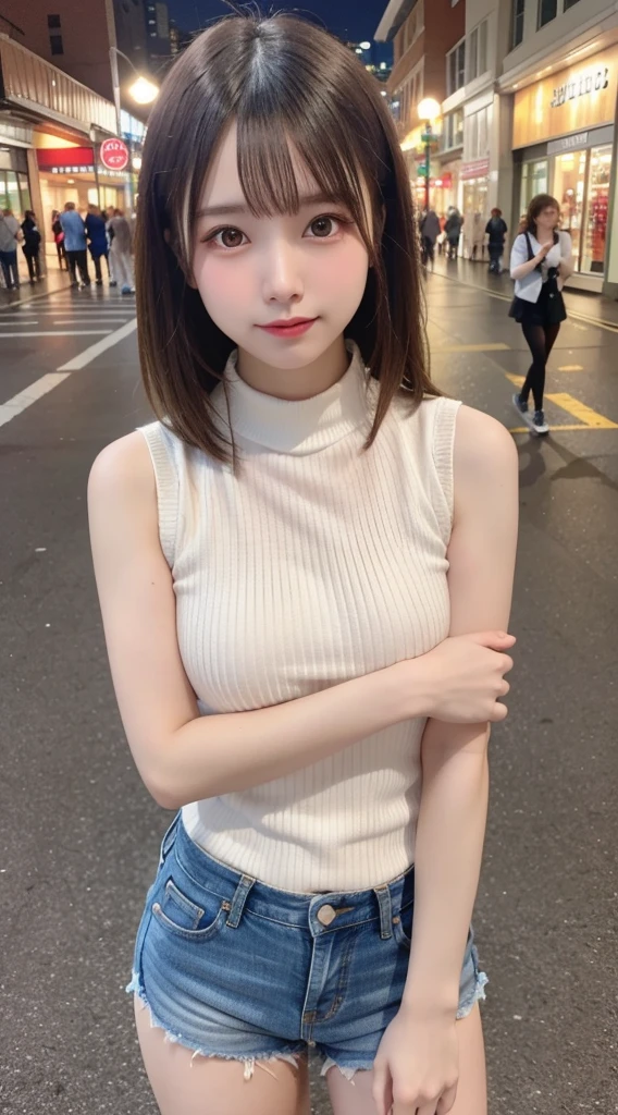 (8K, high resolution, Best Quality, masutepiece:1.2)、((full body)), RAW portrait of japanese girl、超A high resolution, top-quality, (huge-breasted,:1.8), {Hide all breasts:1.2}, {Off-white shorts:1.5}. (Wearing a blue sleeveless turtleneck:1.5), (hands to hips:1.6), (In the street:1.2), BREAK (Natural Skin Texture, Detailed skin, Hyper-Realism, ultra sharpness), intricate detailes, depth of fields, Sexy woman, Long black hair straight, Toned buttocks, ((masterpiece, top-quality, high-detail)), (Photorealsitic:1.4), solo, closes mouth, Smile happily, big eye, Distinct double eyelids, Lashes, long neck, Absolute area, Clean collarbone, face perfect, thin lips, a small face, (gazing at viewer, Highlights in the eyes, Light brown eyes, lipglosrom the side:1.5), {From head to foot, showing your whole body:1.7}, a smile