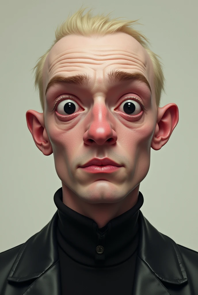 dustyraypaints, (front view:1.4), painting, closeup portrait of robert, blonde hair, blue eyes, viewer's-attention:2, grey background, simple background, creepy, scary, <lora:Robert-10MRI:0.8> <lora:dustyraypaints:0.8>