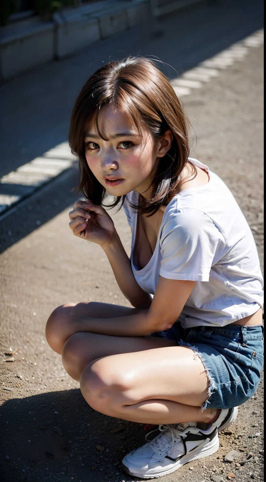 (Best Quality, 8k, 32K, masterpiece, Ultra-high resolution:1.2), ((One Woman:1.5)), ((bustling street:1.4))、(slouch:1.4)、(Squat:1.4)、(Nipples visible through the neck sleeves of the T-shirt)、(Top view:1.4)、Beautiful Japanese Women, Small waist, Plain T-shirt and denim shorts, Detailed face, Short Hair, Perfect Anatomy, Beautiful Face,(True Face:1.4),Beautiful and delicate eyes,(Real Skin: 1.3),Beautiful Skin, charm, Ultra-high resolution, Ultra-realistic photos, Golden Ratio,(Detailed face: 1.4)、, (Please be careful when viewing), (We exhibited ), (Medium Breast:1.5), Enthusiastic, ((View from below))